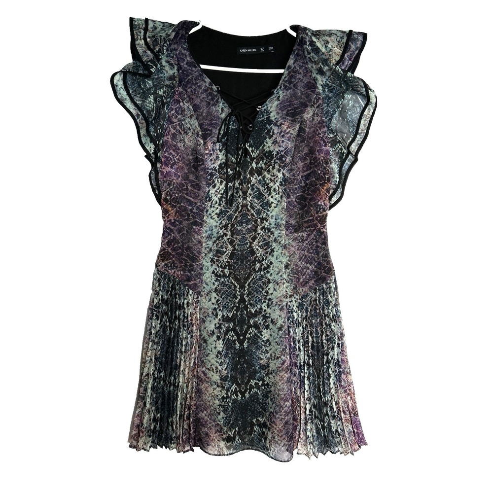 Karen Millen Lace Up Ruffle Sleeve Chiffon Snake Festival Dress Womens 6 S M